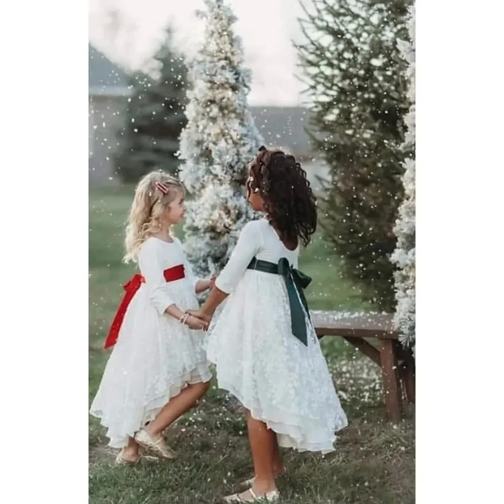 Smocked Sweets White Christmas Hi Lo Dress with Green Sash Girls Size 4/5 NWT